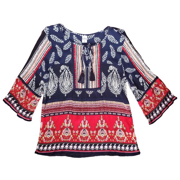 BILA Tunic Top Womens M Blue Red Floral Boho Peasant 3/4 Sleeve Tassel Paisley - Picture 8 of 14